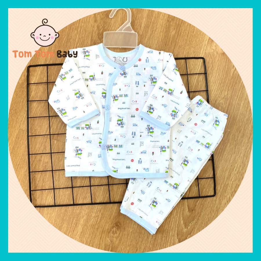 Bộ quần áo sơ sinh Tay Dài Cài Xéo Họa Tiết JOU, chất vải cotton 100% cao cấp mềm, mịn, thoáng mát, hàng giao giống hình