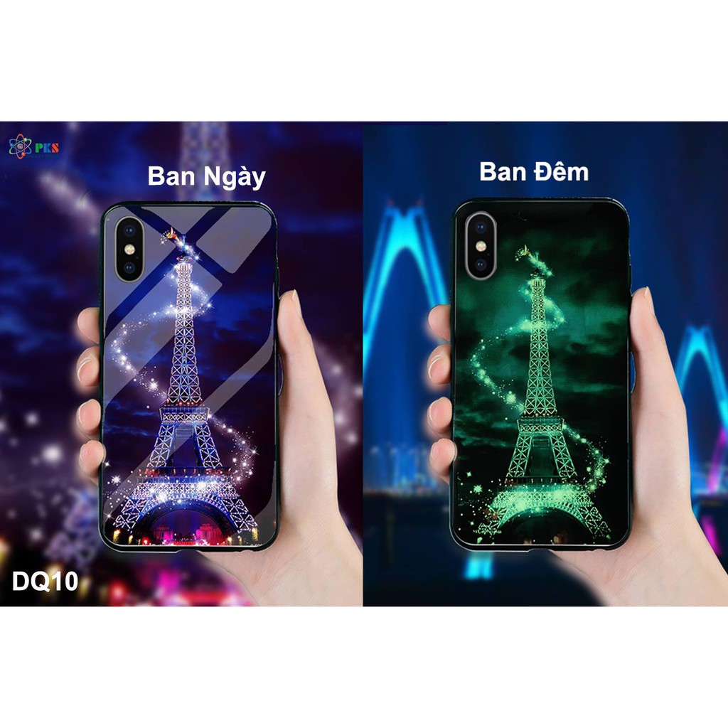 Ốp lưng Iphone XS MAX in 3D hình tháp eiffel dạ quang mặt kính sáng bóng