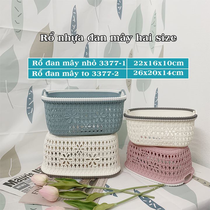 Rổ nhựa giả đan mây có quai cầm Việt Nhật, giỏ hoa 2 size màu pastel xinh xắn (MS: 3377) - GD247