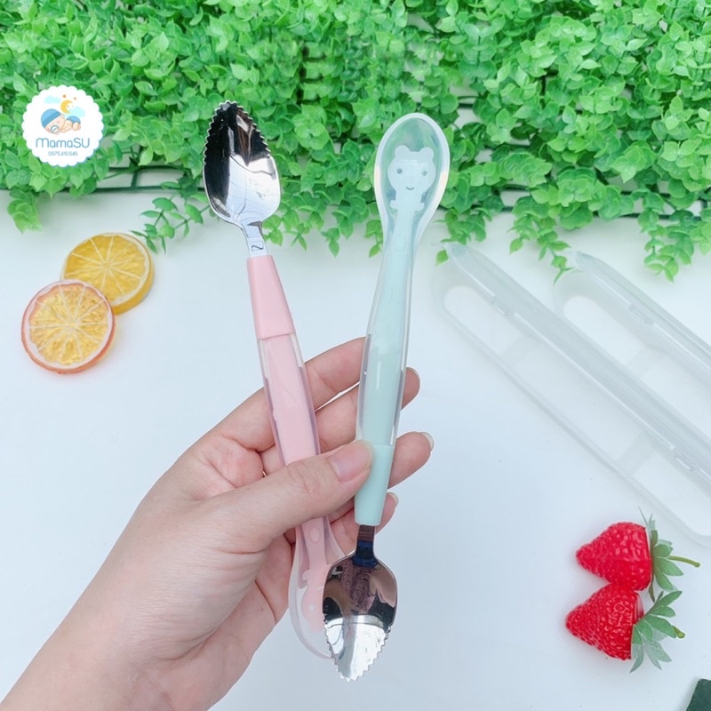 Thìa muỗng nạo 2 đầu silicon và inox nạo nhỏ hoa quả có Hộp đựng cho bé ăn dặm