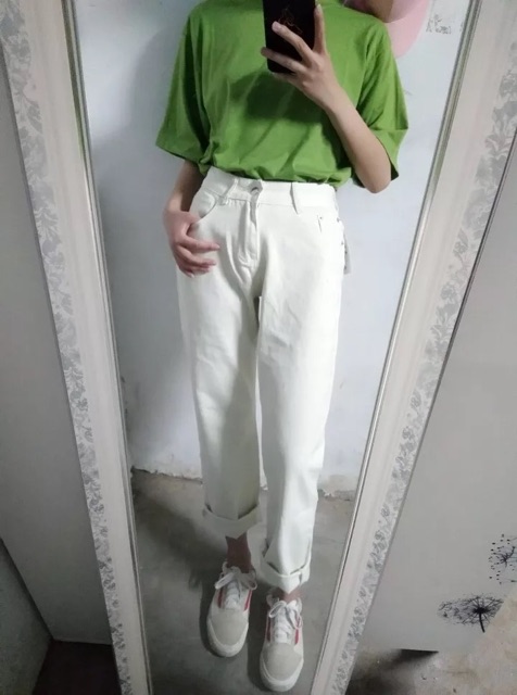 Quần bò trắng ống rộng suông Sẵn M L S XL | BigBuy360 - bigbuy360.vn