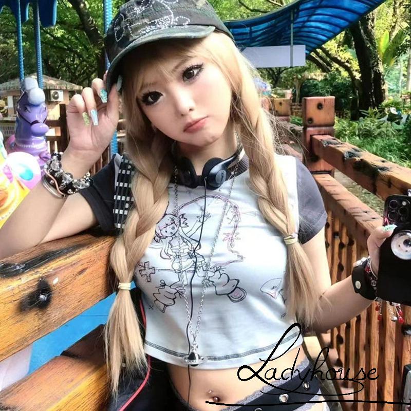 Áo Thun T-shirt Tay Ngắn Cổ Tròn In Hình Cô Gái Hoạt Hình Màu Tương Phản Dành Cho Nữ