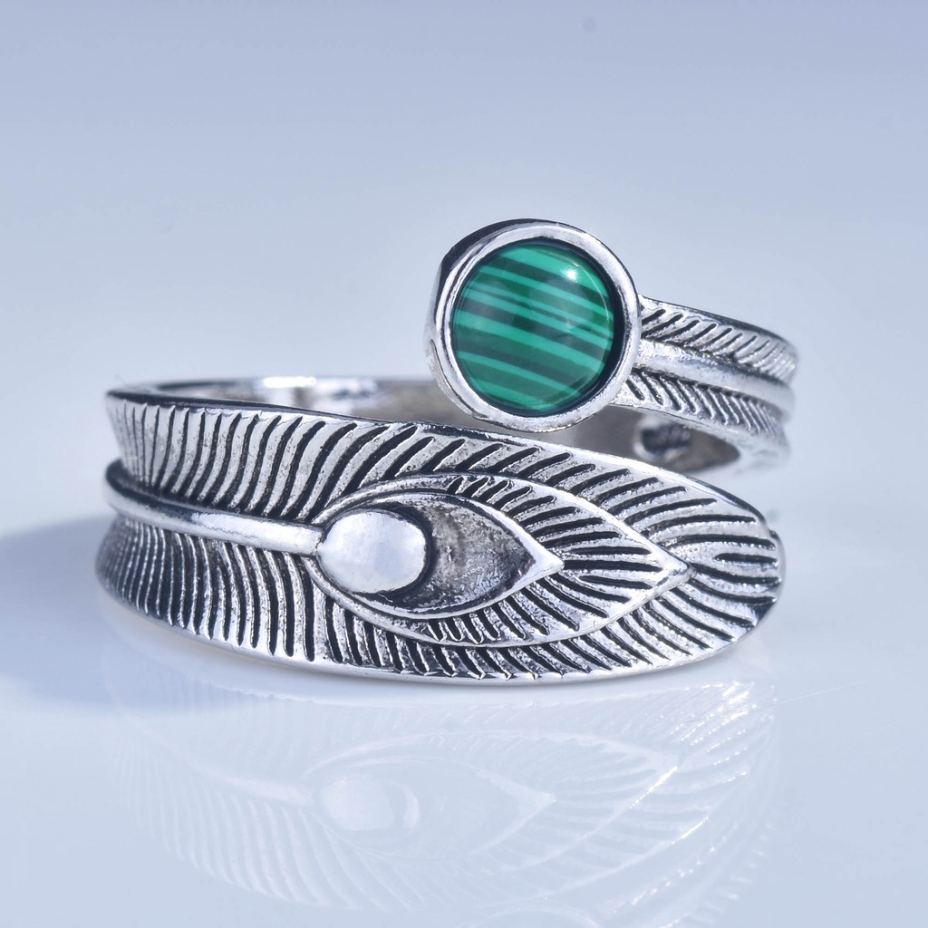 Nhẫn Mạ Bạc 925 Đính Đá Malachite Phong Cách Vintage