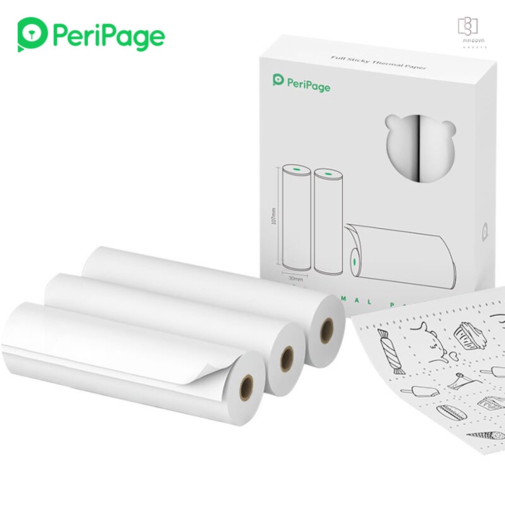 Cuộn giấy dán nhiệt 107x30mm không dính BPA chống nước chống dầu mini BT 3 cuộn cho máy in PeriPage A9 Max/A9s Max