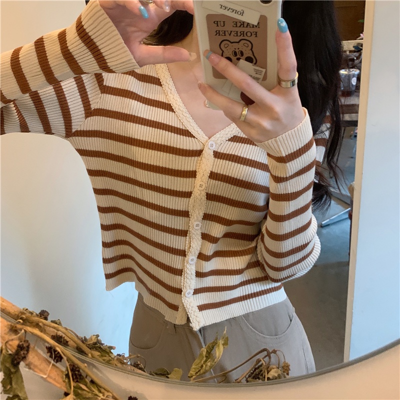 Áo cardigan SUXI dệt kim tay dài cổ chữ V hoạ tiết kẻ sọc phong cách cổ điển