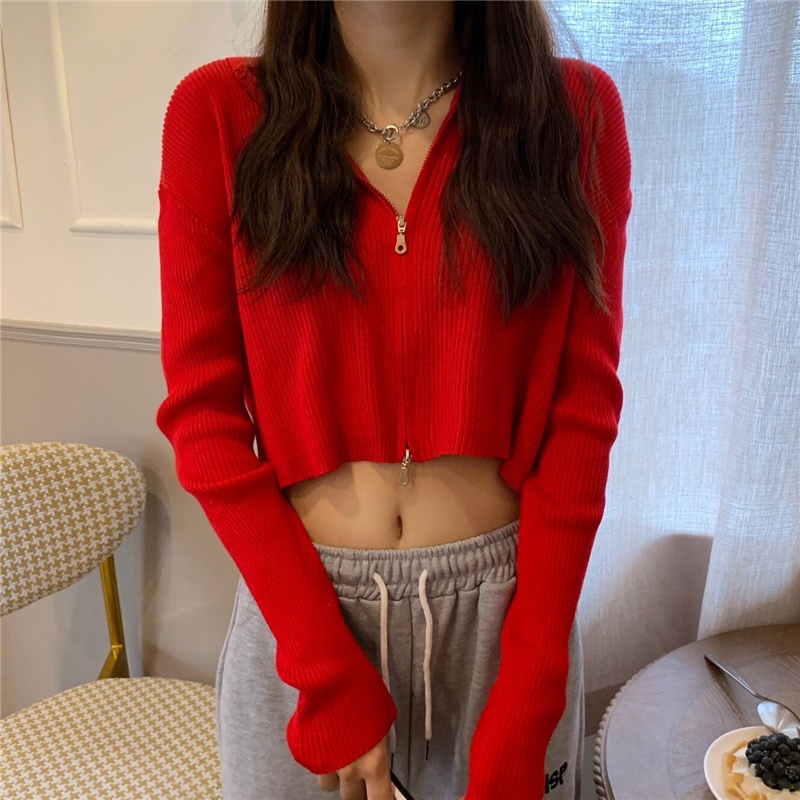 【ZHELIHANGFEI】Áo Hoodie Dài Tay Phối Khóa Kéo Eo Cao Thiết Kế Quyến Rũ Thời Trang