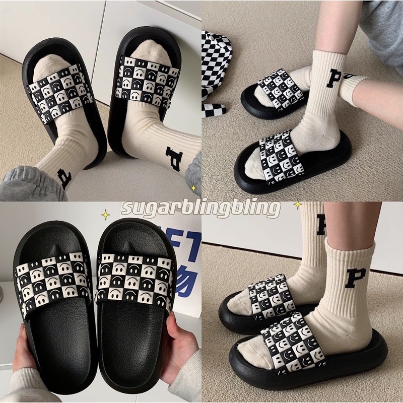 Dép bánh mì, Dép quai ngang mặt cười kẻ caro phong cách ulzzang | Sugarblingbling
