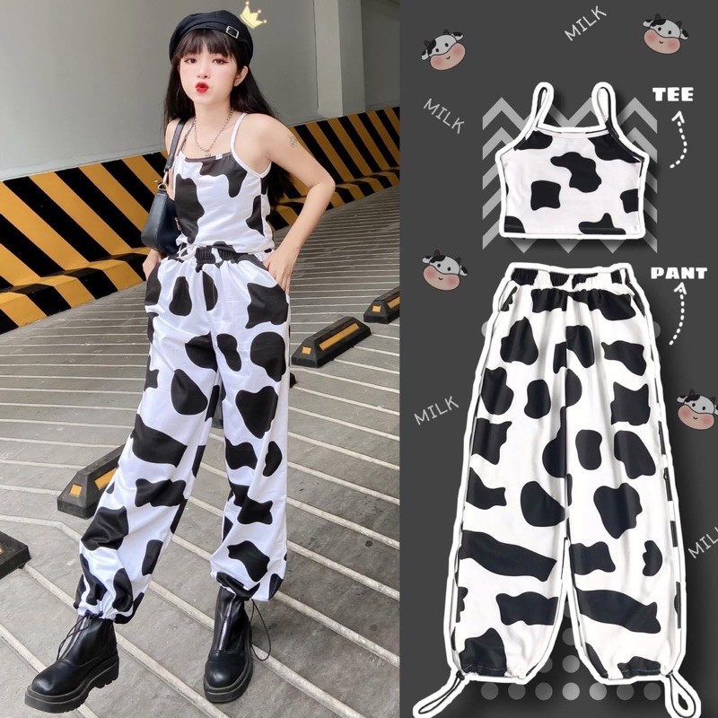 Set Bò Sữa Cartoon Pant CropTop Ảnh Thật