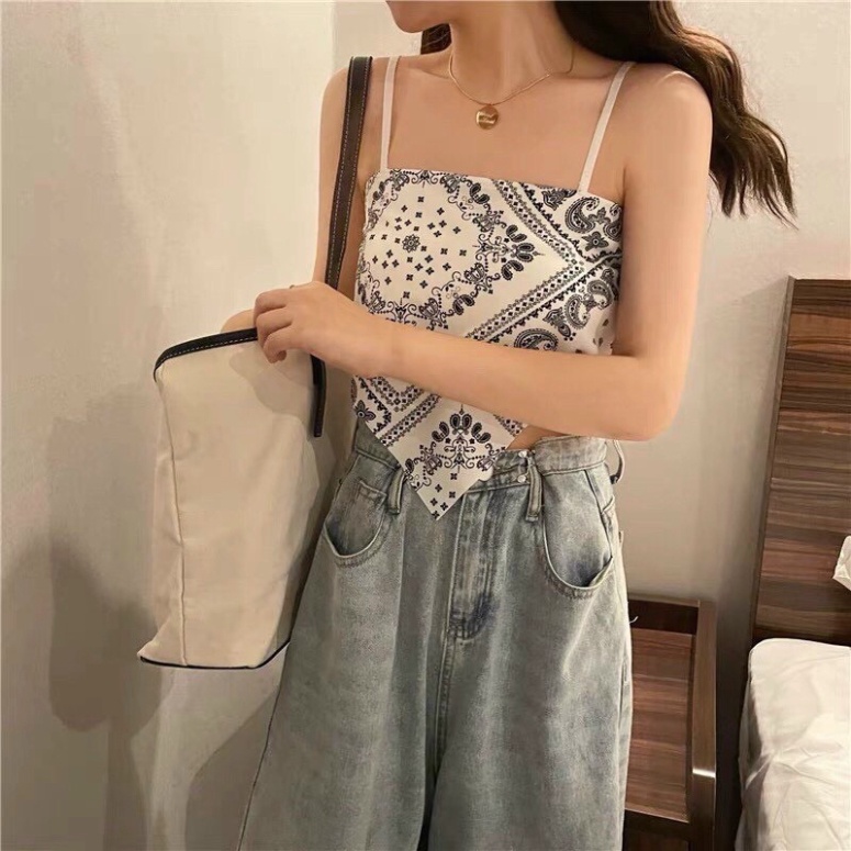 Áo yếm 2 dây dáng ngắn croptop in họa tiết trẻ trung cá tính/ Áo kiểu nữ khăn lụa thời trang hàn quốc