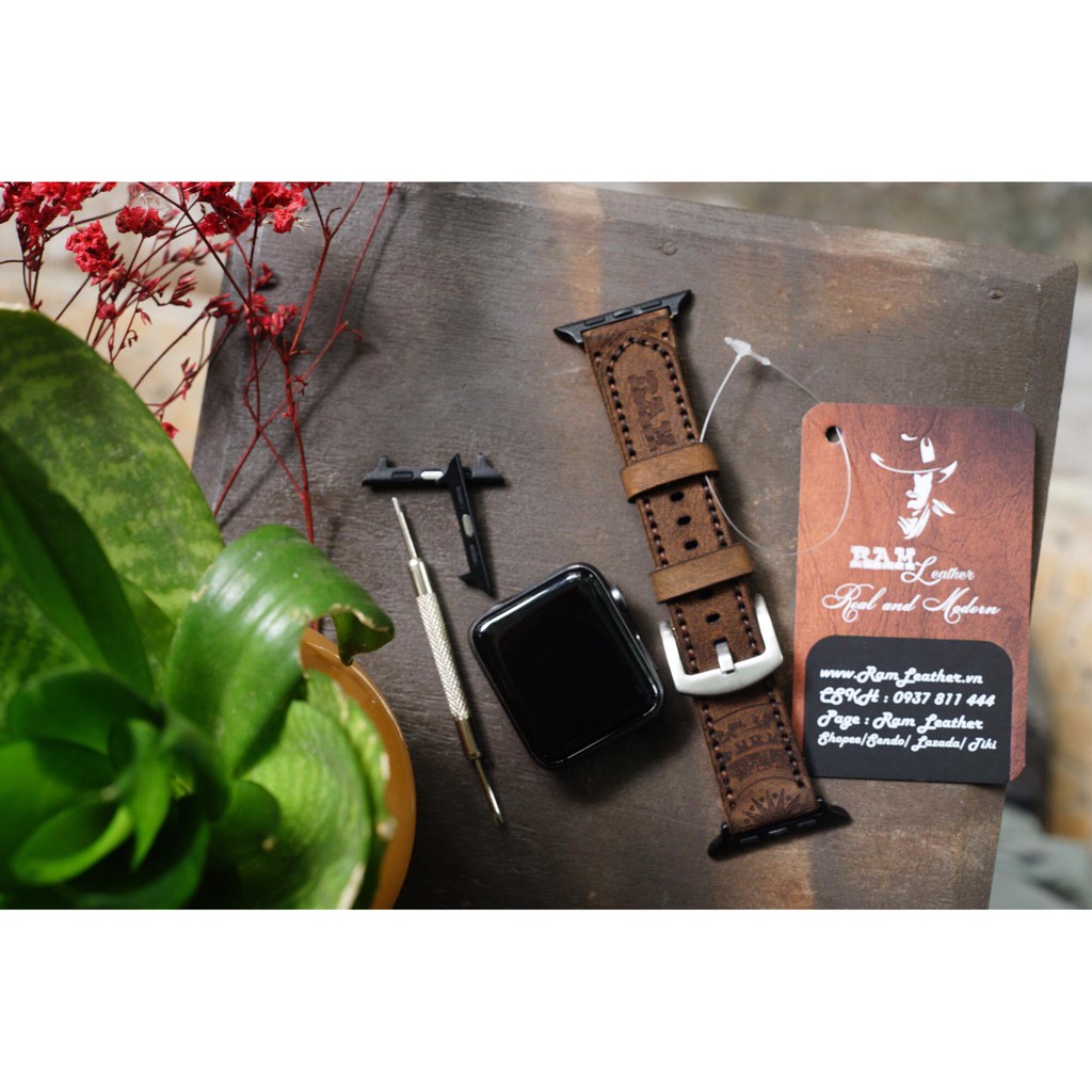 Dây Đồng Hồ Da Bò Thật Bền Đẹp Họa Tiết Trống Đồng Nâu Đất - Ram Traditional Dark Brown
