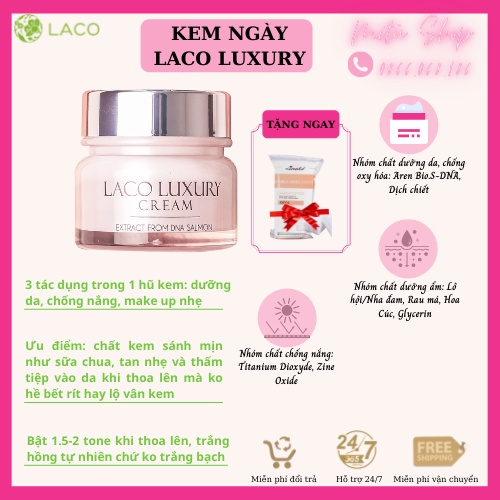 [Chính Hãng] Kem dưỡng da ban ngày 3 in 1 Laco Luxury / Dưỡng trắng hồng, căng bóng, mờ thâm nám, chống nắng