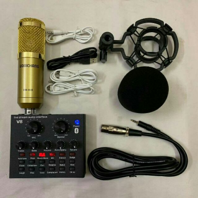 Combo mic livestream thu âm hát karaoke BM900 + sound card V8 bluetooth