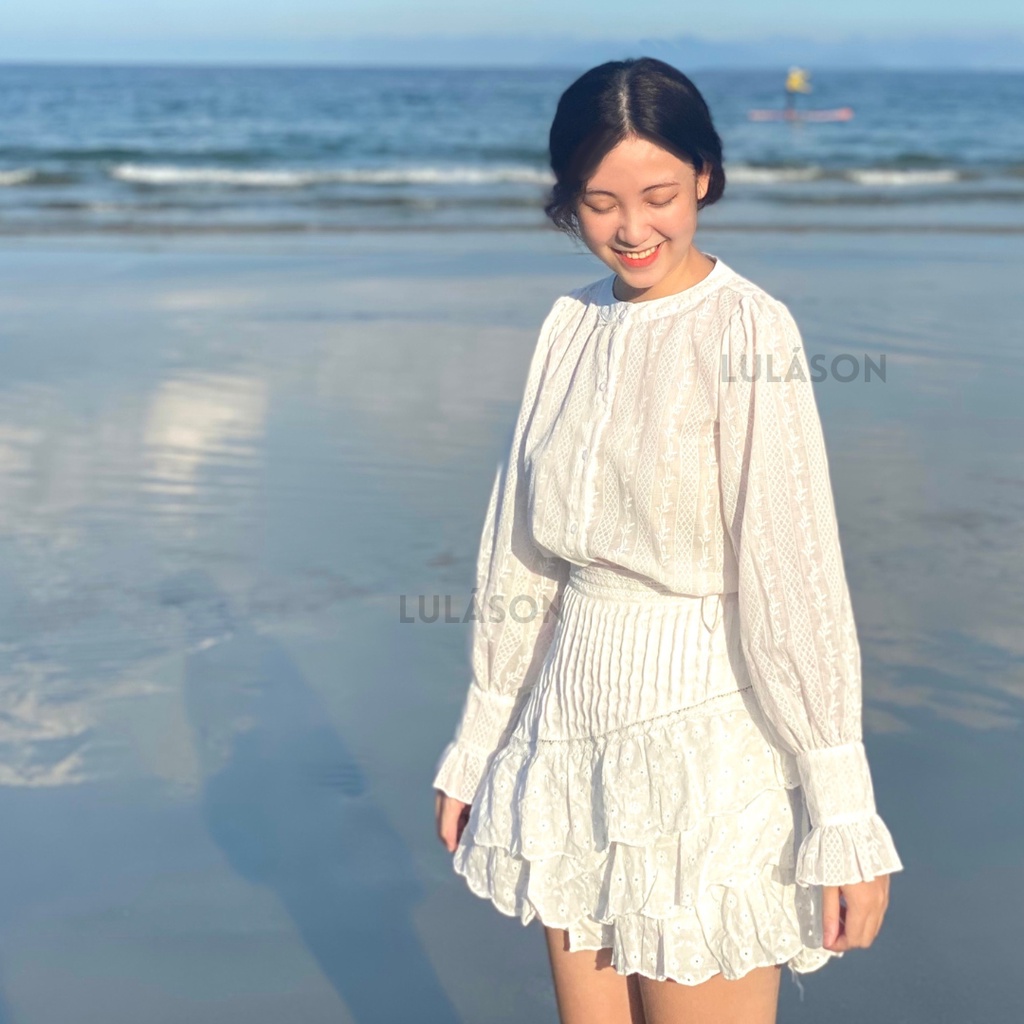 S09 SET ÁO REN CỔ TÀU TAY BỒNG + VÁY CHÉO TẦNG