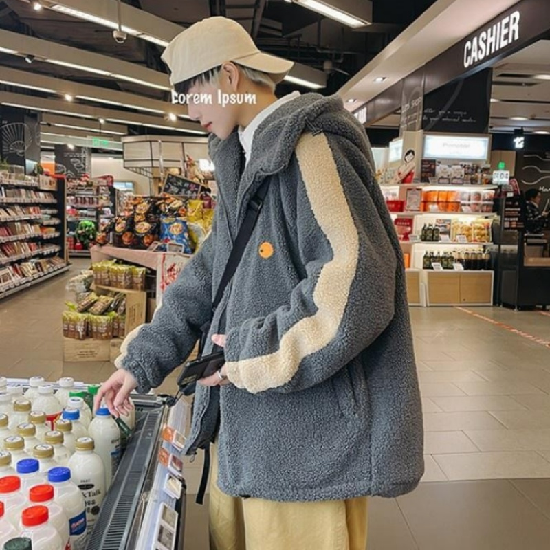 Áo khoác lông cừu tay dài dáng rộng có khóa kéo kiểu Hàn phong cách mùa đông thanh lịch thoải mái dành cho nam