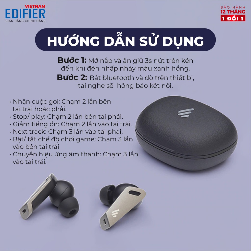 Tai nghe Bluetooth 5.0 EDIFIER TWS NB2 Âm thanh Stereo Chống nước IP54 Hàng chính hãng Bảo hành 12 tháng 1 đổi 1