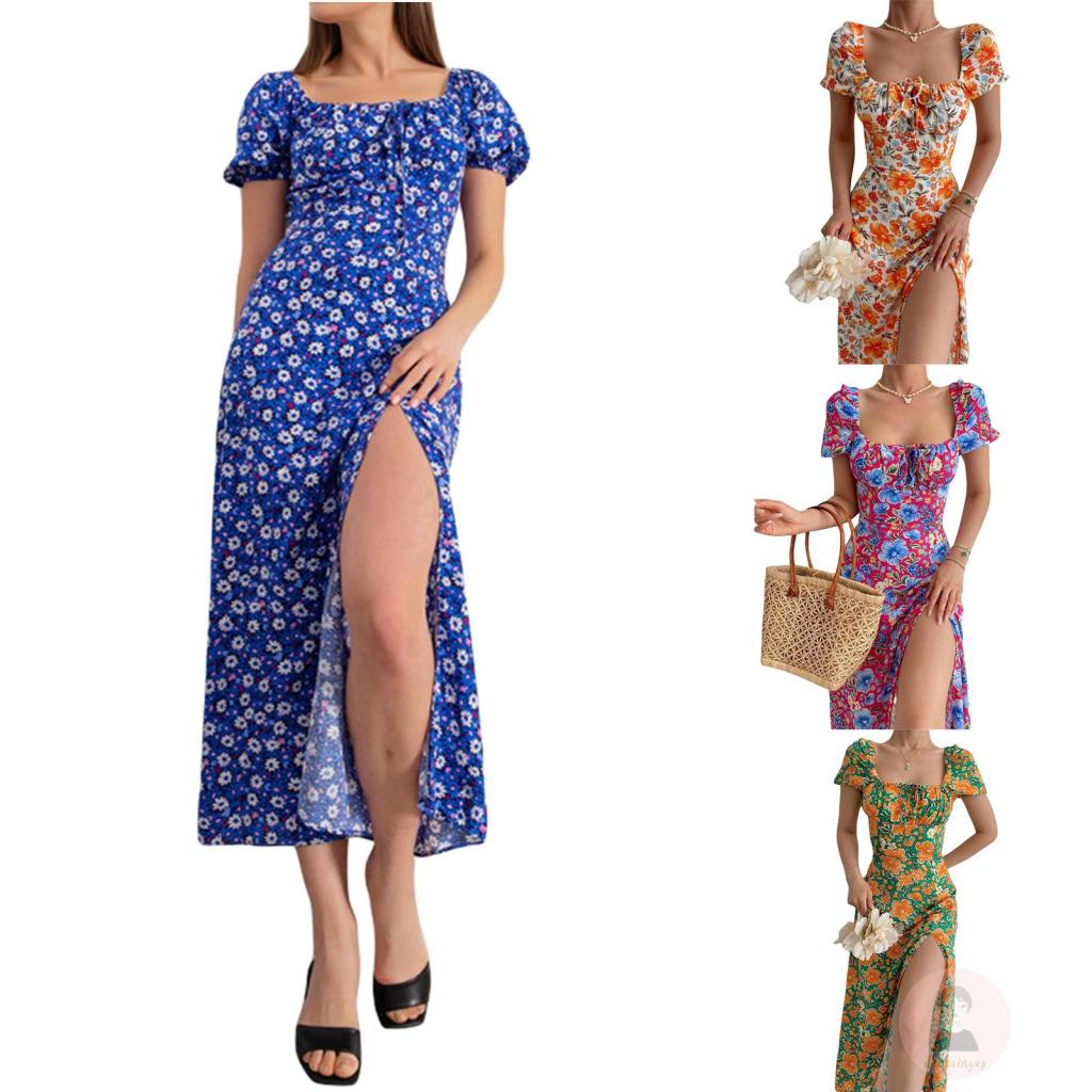 Đầm Tay Ngắn Cổ Vuông Họa Tiết Hoa Thời Trang Mùa Hè Xinh Xắn Cho Nữ