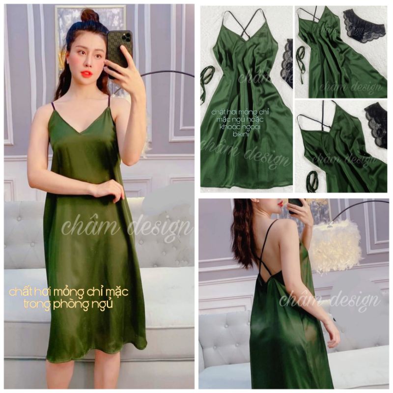 Váy ngủ dáng suông màu xanh lá đậm, có 2 dây đan chéo sau lưng sexy,váy có dây thắt eo tùy chỉnh(chất váy hơi mỏng)