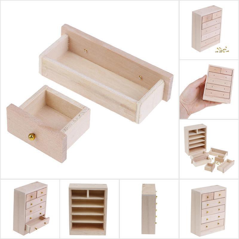 [HoMSI] 1/12 Miniature Wooden Drawer Cabinet Unpainted Miniature Doll House Accessory SUU