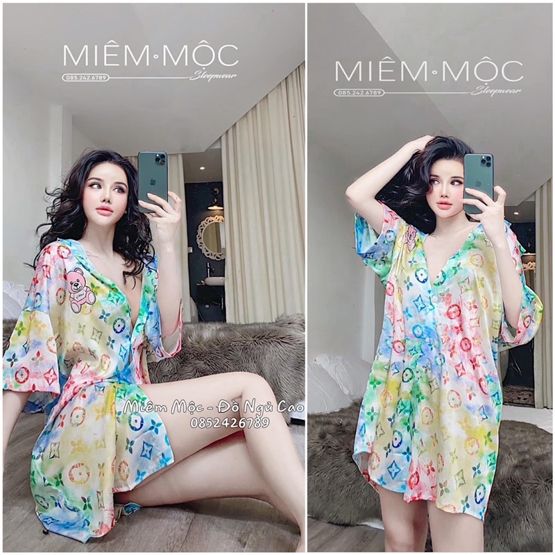 Đồ ngủ, váy ngủ mặc nhà cổ sơ mi lụa latin