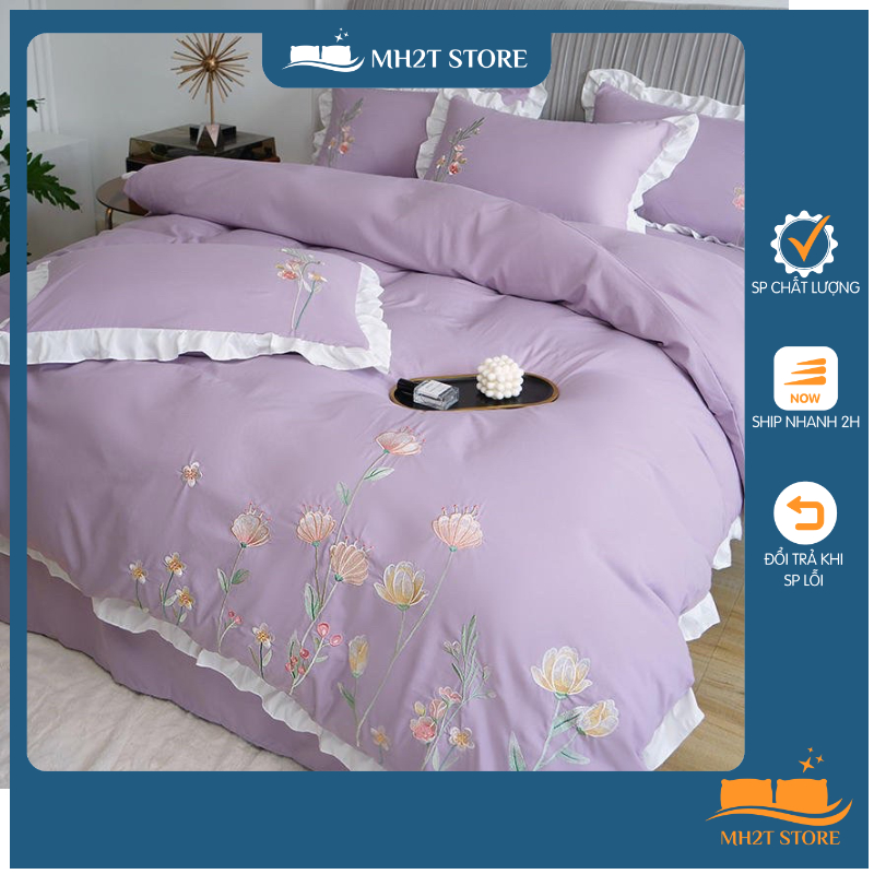 Bộ chăn ga gối Cotton Bèo Thêu Hoa 🌷 SHOP MH2T STORE