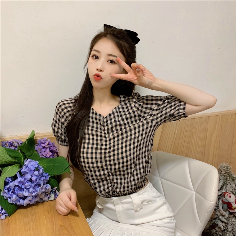 SUXI Áo Kiểu Tay Ngắn Hoạ Tiết Sọc Ca-Rô Cho Phái Nữ