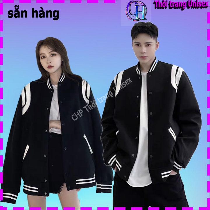 Áo Khoác Nam Nữ , Áo Bomber Cúc Bấm Màu Đen Phối Viền Sọc Siêu Đẹp Mặc đi học chơi thời trang