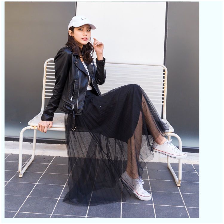 Chân Váy Lưới Dáng Chữ A Dài Lưng Cao Xếp Ly Thời Trang Bốn Mùa Cho Nữ