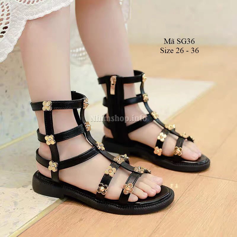 Sandal chiến binh bé gái 3 - 4 tuổi cổ cao khóa kéo màu đen đính hoa thời trang SG36