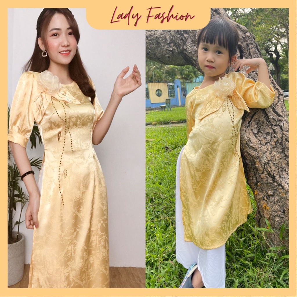 Sét áo dài gấm mẹ và bé kết đá cao cấp-M02