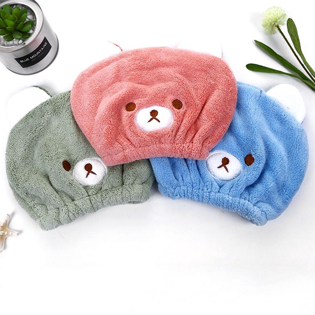 Mũ Trùm Đầu Sấy Khô Tóc Bằng Sợi Micro Siêu Thấm Hút Nhanh Khô Hình Gấu Dễ Thương Cho Nữ