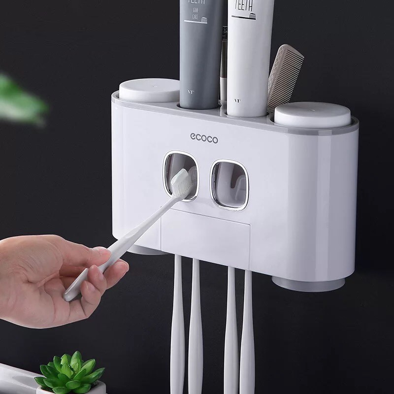 Bộ Treo Bàn Chải Nhả Kem Đánh Răng Tự Động Ecoco Dán Tường Không Cần Khoan Đục Cao Cấp Kèm 4 Cốc- Màu ngẫu nhiên