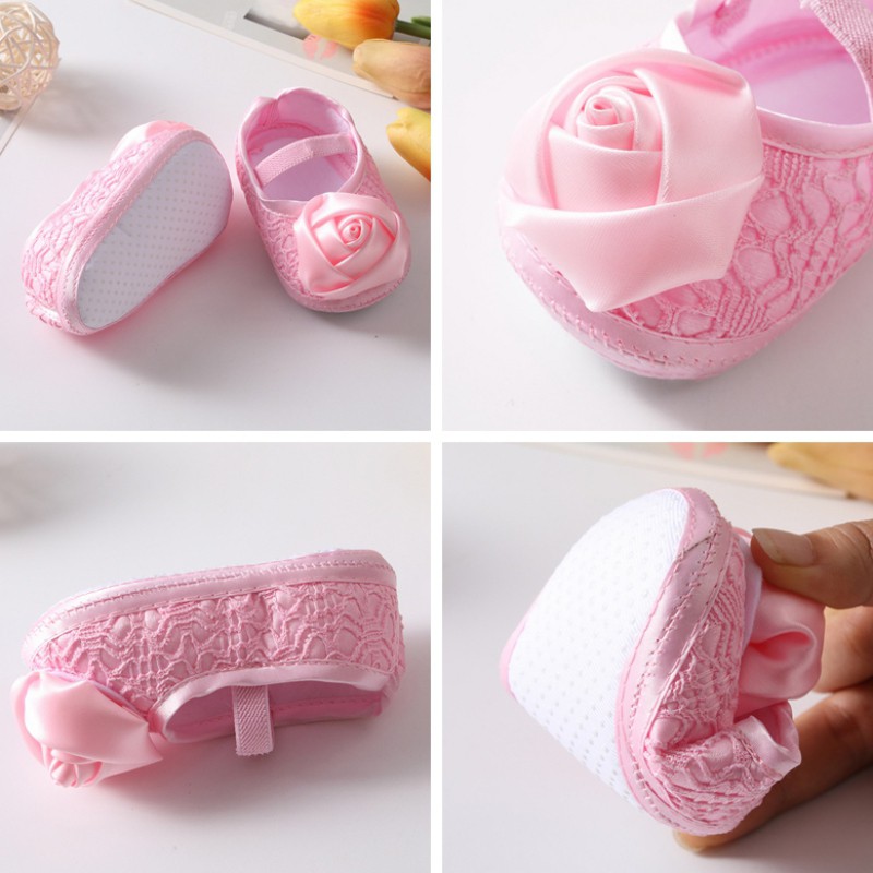 Giày công chúa đế mềm đính nơ và băng đô cho bé gái 0-18 tháng tuổi