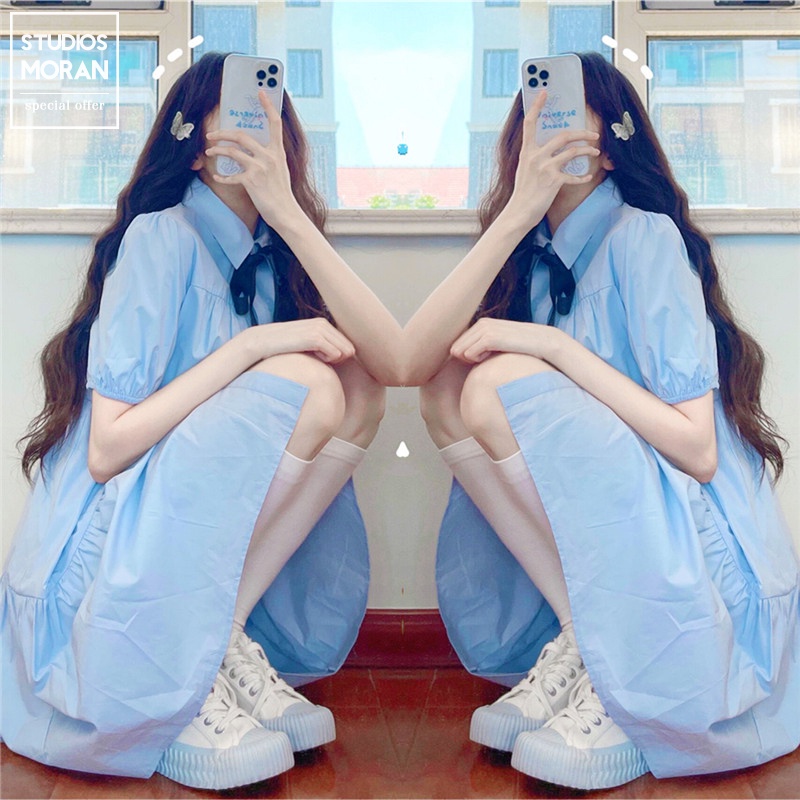 Váy sơ mi babydoll dập viền cổ bẻ thắt nơ màu xanh MORAN style đáng yêu Hàn Quốc