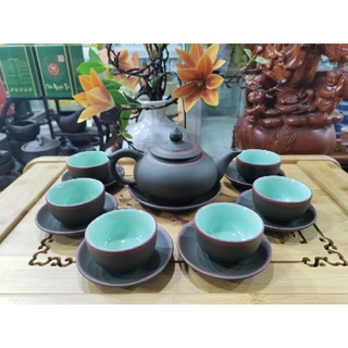 Bộ ấm trà tử sa Bát Tràng - ấm chóp xanh rêu 200ml