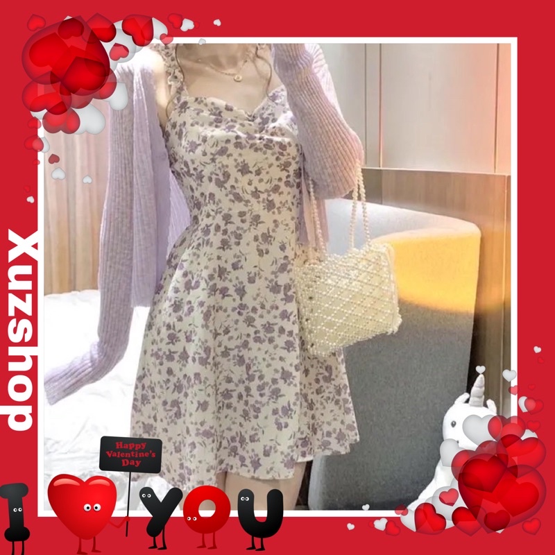 S1 Set Bộ Đầm Hoa Nhí Hai Dây Tím Nữ Tính Và Áo Khoác Mỏng Mùa Thu