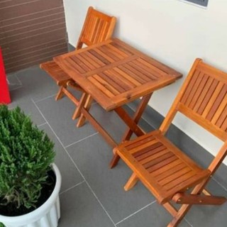 Bộ ghế cà phê ban công_ ghế gỗ _ ghế xếp inox ( 1 bàn + 2 ghế )