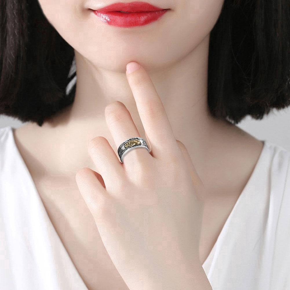 Nhẫn tỳ hưu phong thủy thu hút may mắn/ sự giàu có phong cách Trung Quốc đính cườm sang trọng