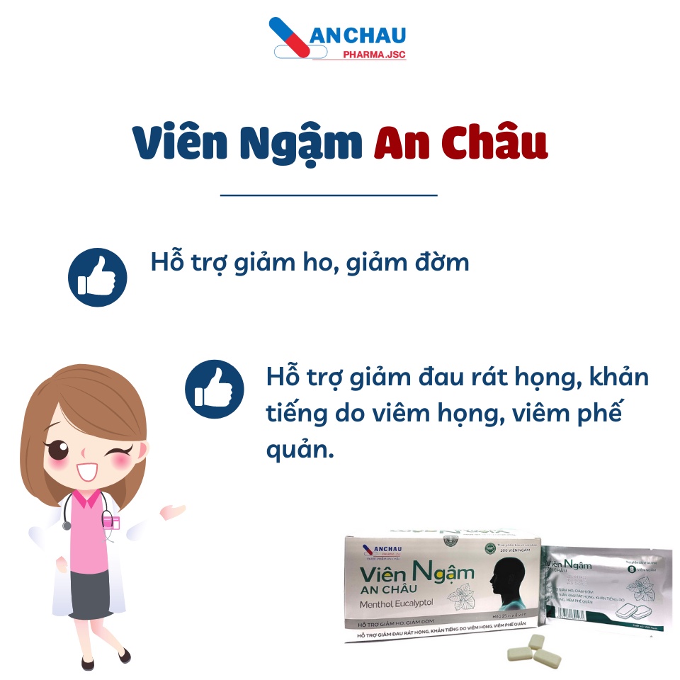 Viên ngậm ho, đau rát họng, khản tiếng VIÊN NGẬM AN CHÂU dùng cho ho khan, có đờm, viêm phế quản - vỉ 8 viên