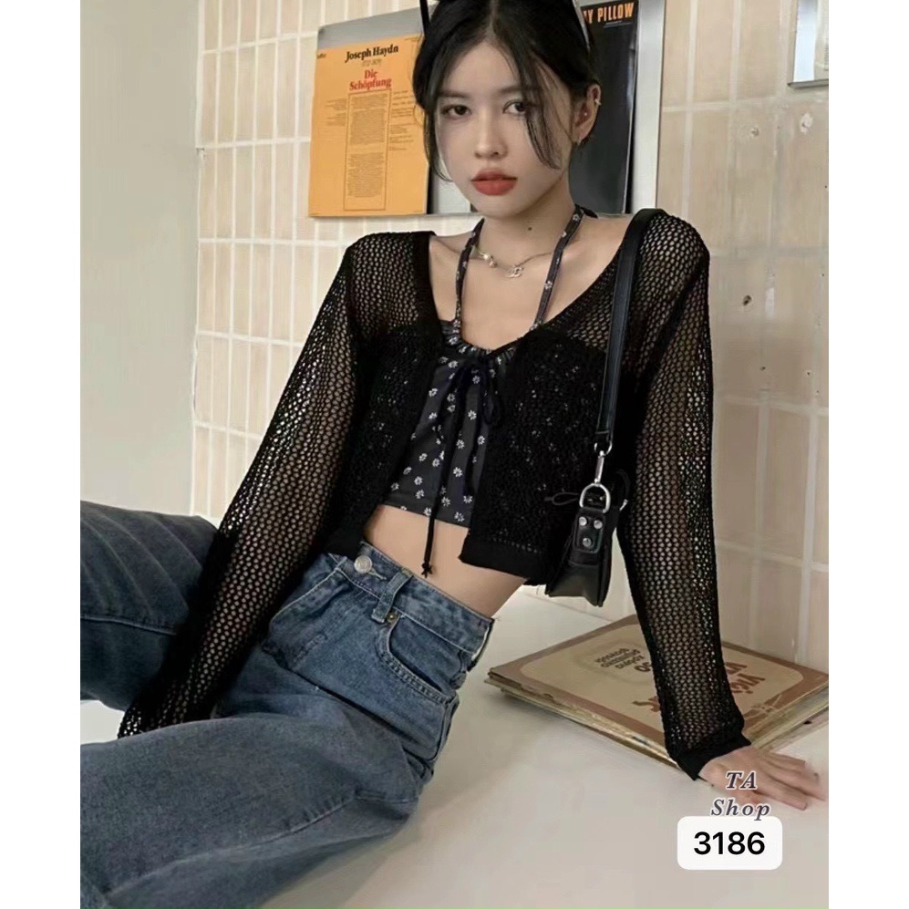 Set đồ QKOOLE gồm áo lửng hai dây và áo khoác cardigan chống nắng họa tiết hoa phong cách Hàn Quốc dành cho nữ