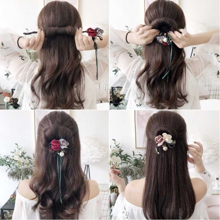 B07 Búi tóc hoa vải kèm ruy băng xinh