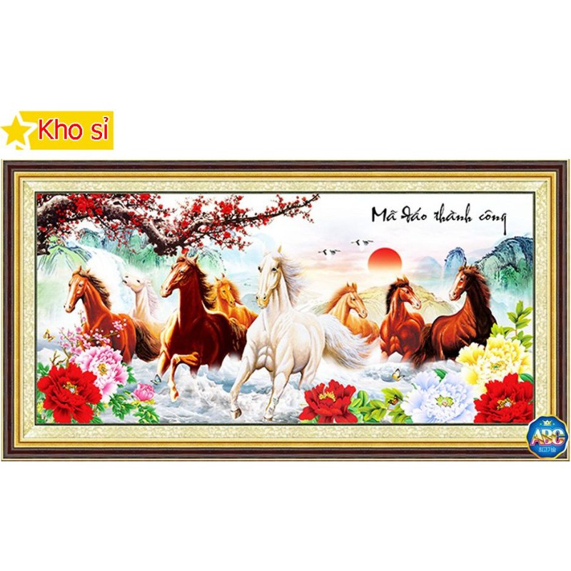 Tranh đính đá đẹp Mã đáo thành công 8 con ngựa Lv187 (100x50cm) [KHO SỈ] Tranh chất lượng cao