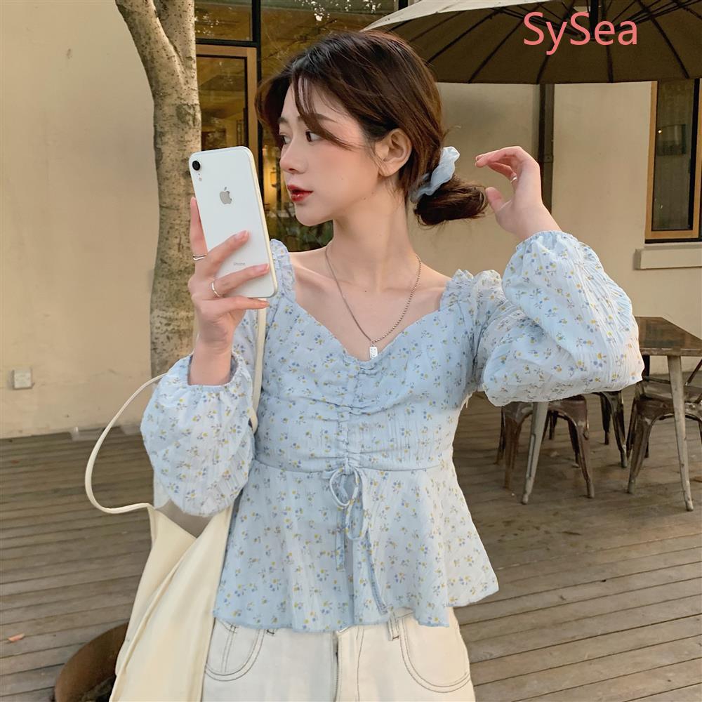 Áo chiffon tay dài họa tiết hoa phối dây rút thời trang dành cho nữ