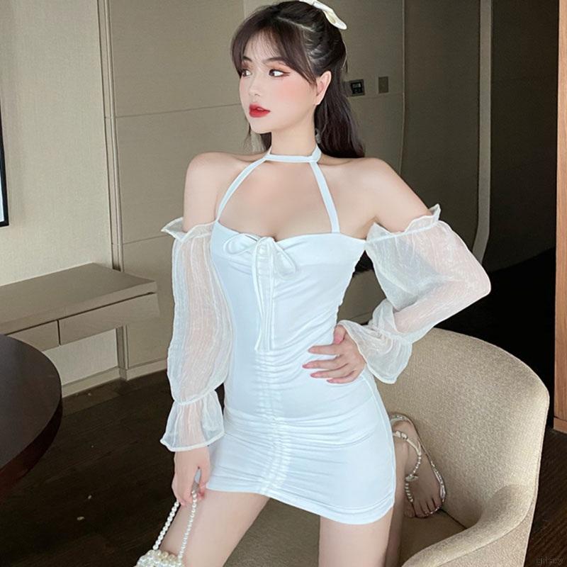 Đầm Tay Dài Trễ Vai Màu Trơn Phong Cách Hàn Quốc Cho Nữ