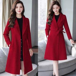 Áo Khoác Dạ Cổ Bẻ 1 Lá Dáng Dài Màu Đỏ Cap Cấp Hàng Quảng Châu Túi Chéo Thanh Lịch
