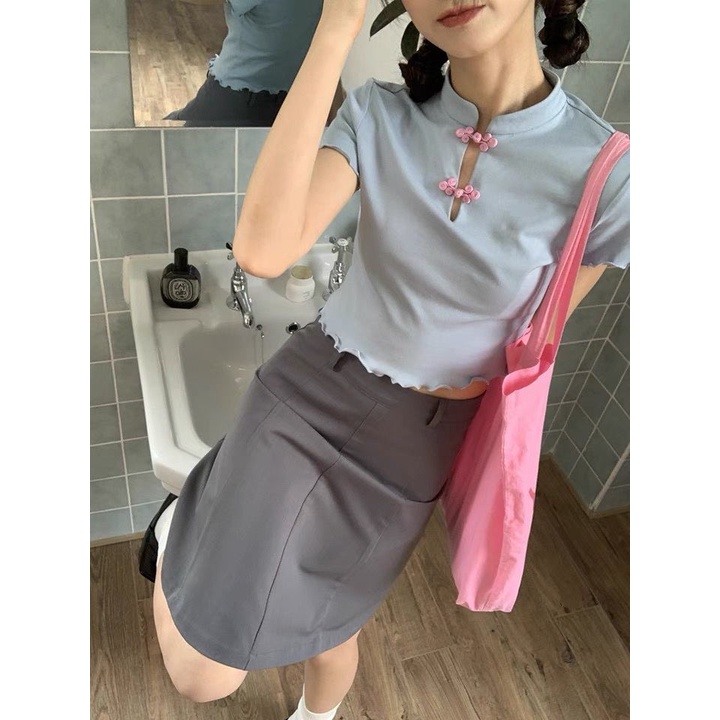 Áo Thun Ngắn Tay Dáng Ôm Phối Nút Thời Trang Mùa Hè Phong Cách Mới Cho Nữ