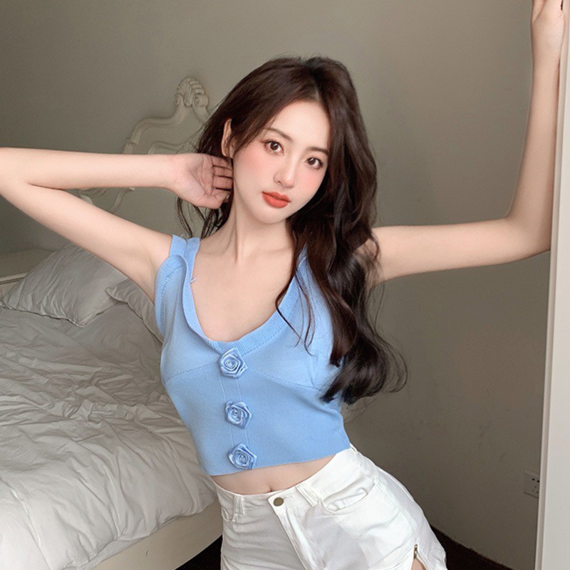 Áo Croptop Dệt Kim Cổ Chữ V Màu Sắc Đơn Giản Phong Cách Hàn Quốc