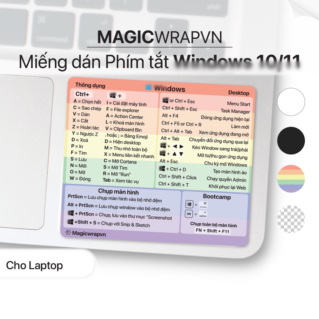 [V3] Miếng dán phím tắt Win.đows 10 / 11 Có boot.camp | Magicwrapvn | Cho mọi laptop. Sticker phím tắt.