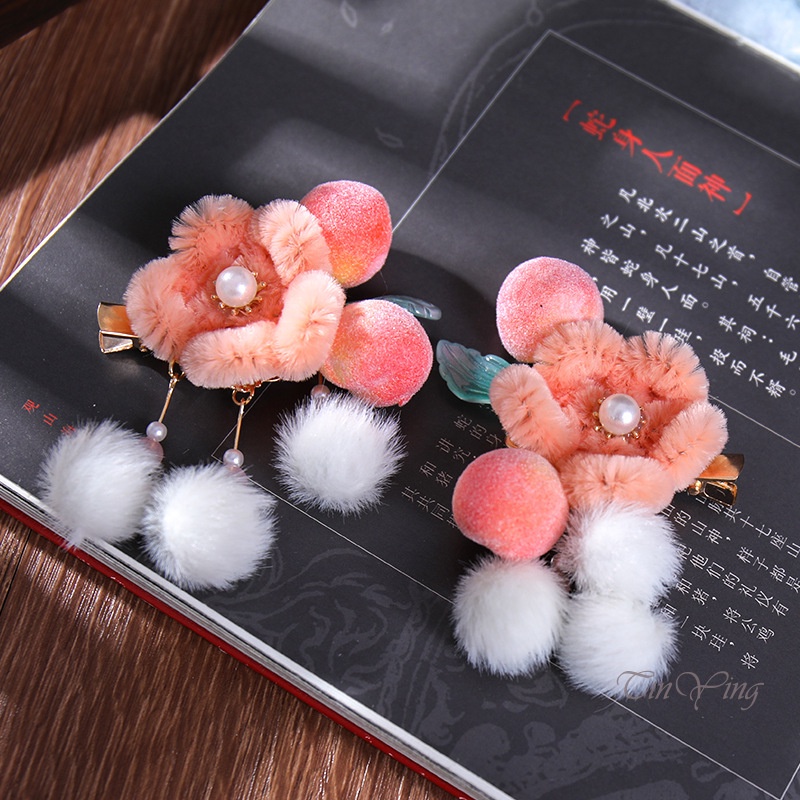 GETNOIVAS Set 2 kẹp tóc đính bóng lông tua rua phong cách Trung Quốc điệu đà cho nữ