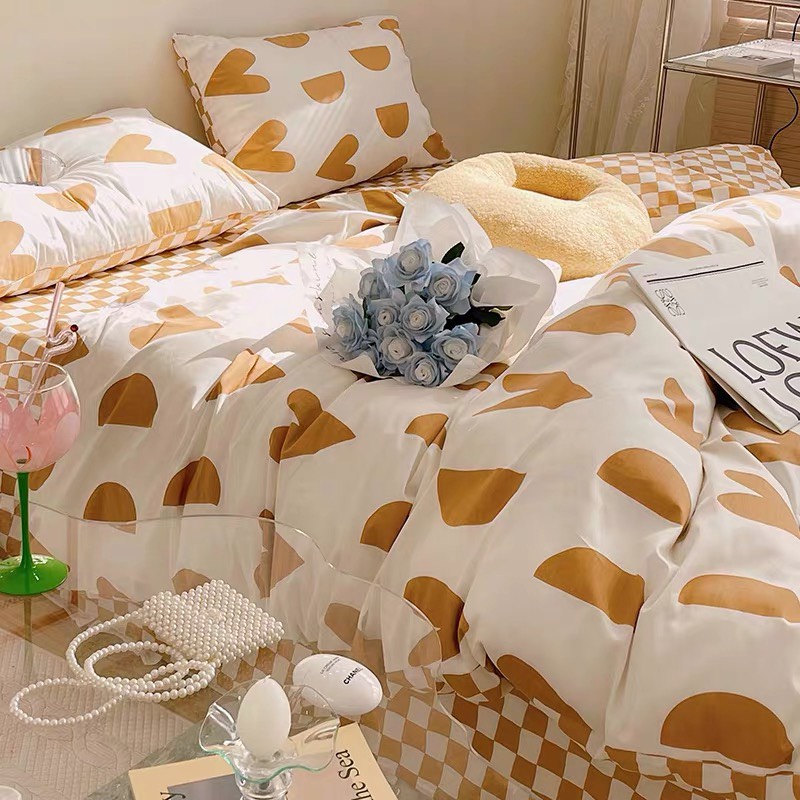 Bộ chăn ga gối cotton poly Lidaco decor phòng ngủ vintage - Tim khuyết vàng (SP001465)