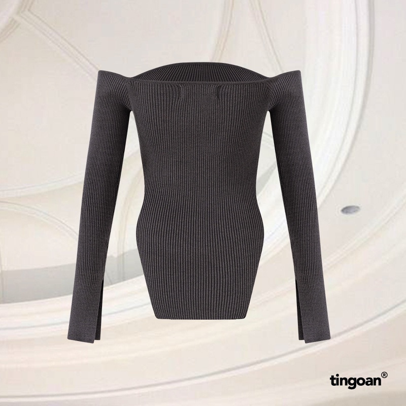TINGOAN® - Áo len xù trễ vai lượn viền ngực xẻ vạt thân và tay xám KISS ME AGAIN TOP/GR
